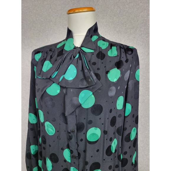 Chapnik Vintage 100% Silk Polka Dot Bow Blouse Black Green Size 10 - Picture 2 of 11